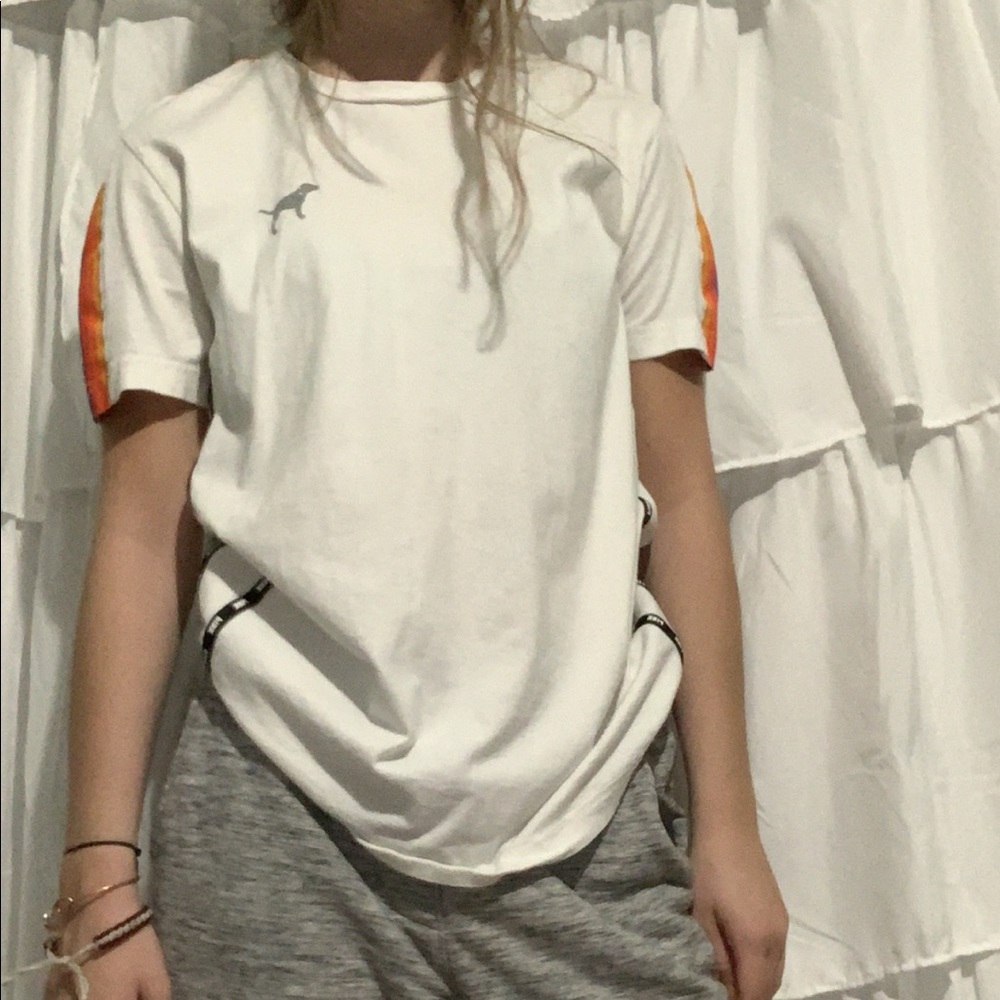 VS Pink White Tee with Rainbow Sleeves and Sequins